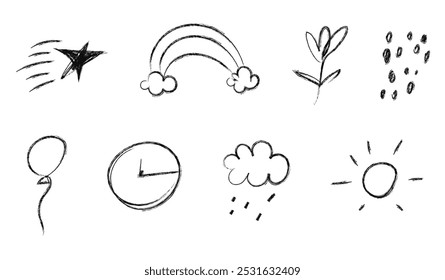Hand-drawn scribbles weather set. set of childish grunge drawings: rainbow, weather, clock, star, sun. doodle naive vector illustrations