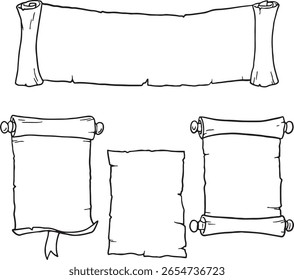 Diseños de pergamino y Anuncio dibujados a mano, perfectos para añadir un toque antiguo o rústico a tus proyectos. Ideal para certificados, anuncios, temáticas vintage o como versátiles Elementos en blanco.	
