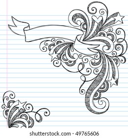 Hand-Drawn Scroll Banner Sketchy Notebook Doodles with Stars and Swirls- Vector Illustration on Lined Sketchbook Paper Background