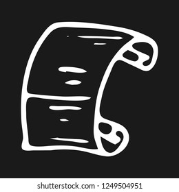Handdrawn scroll doodle icon. Hand drawn whit sketch. Sign symbol. Decoration element. Black background. Isolated. Flat design. Vector illustration.