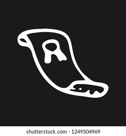 Handdrawn scroll doodle icon. Hand drawn whit sketch. Sign symbol. Decoration element. Black background. Isolated. Flat design. Vector illustration.