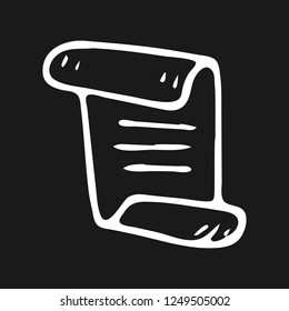 Handdrawn scroll doodle icon. Hand drawn whit sketch. Sign symbol. Decoration element. Black background. Isolated. Flat design. Vector illustration.