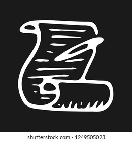 Handdrawn scroll doodle icon. Hand drawn whit sketch. Sign symbol. Decoration element. Black background. Isolated. Flat design. Vector illustration.