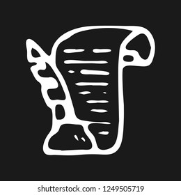 Handdrawn scroll doodle icon. Hand drawn whit sketch. Sign symbol. Decoration element. Black background. Isolated. Flat design. Vector illustration.