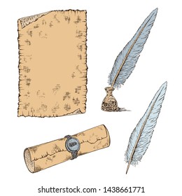 Hand-drawn scroll of paper, a sheet of paper in retro style, goose feather and inkwell. Pencil sketch vector illustration. Set of design elements