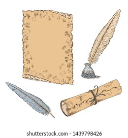 Hand-drawn scroll of paper, a sheet of paper in retro style, goose feather and inkwell. Pencil sketch vector illustration. Set of design elements