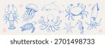 Hand-Drawn Sea Creatures Vector Set. Blue Marine Animals Doodle Collection: Octopus, Crab, Dolphin, and more. Nautical Elements for Stickers, Prints, and Coastal Designs