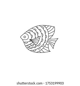 Hand-drawn sea fish, Zen Doodle style art. Underwater animal life for coloring book page. Sketch Isolated black on white background