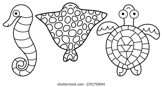 Hand-drawn sea horse, electric ray and sea turtle coloring page vector illustration