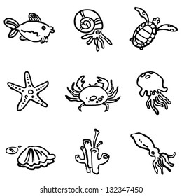 Hand-drawn sea life outline icon set