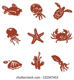 Hand-drawn sea life outline icon set