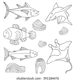 Hand-drawn sea and river fish. Cooked pieces. Set of five fishes. Vector illustration.
