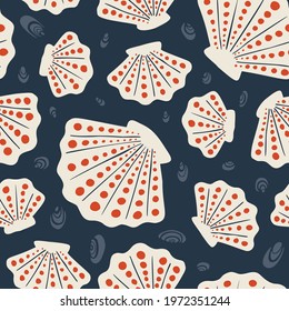 Hand-Drawn Sea Shells, Fossils and Pebbles Vector Seamless Pattern. Summer Beach Seaside Print. Ocean Fashion Textile Blue, Red White Background. Seashore Elements Texture for Fabrics, Wallpapers