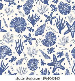 Hand-Drawn Sea Shells, Fossils, Starfish, Corals, Seaweeds, Waves Abstract Vector Seamless Pattern. Summer Beach Seaside Print. Ocean Fashion Textile Blue, White Background. Seashore Elements Texture