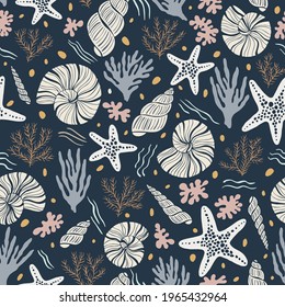 Hand-Drawn Sea Shells, Fossils, Starfish, Corals, Seaweeds, Waves Abstract Vector Seamless Pattern. Summer Beach Seaside Print. Ocean Fashion Textile Blue, Aqua Background. Seashore Elements Texture