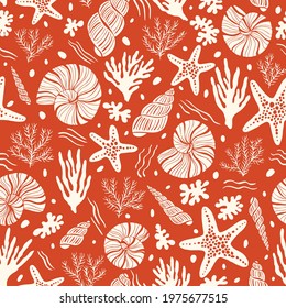 Hand-Drawn Sea Shells, Fossils, Starfish, Corals, Seaweeds, Waves Abstract Vector Seamless Pattern. Summer Beach Seaside Print. Ocean Fashion Textile Red, White Background. Seashore Elements Texture