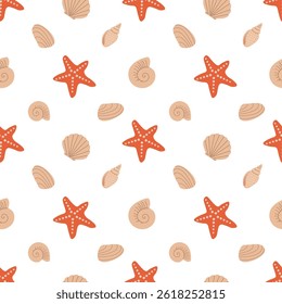 Hand-drawn sea shells, fossils, starfish cartoon flat vector seamless pattern. Summer beach seaside print. Repeating print with ocean underwater animals. Seashore elements texture.
