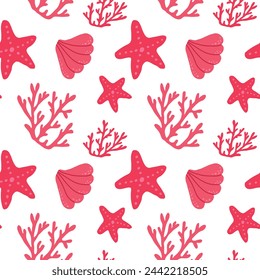 Hand-Drawn Sea Shells, Starfish, Corals Vector Seamless Pattern. Summer Beach Print.