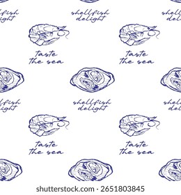 Hand-drawn seafood collection with a retro touch. Shellfish, ocean animals, and kitchen elements for stylish restaurant branding.