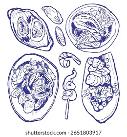 Hand-drawn seafood collection with a retro touch. Shellfish, ocean animals, and kitchen elements for stylish restaurant branding.