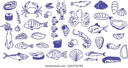 Hand-drawn seafood doodle vector set with fish, shrimp, octopus, crab, sushi, shells, and lemon slices. Great for food packaging, restaurant menu, seafood logos, culinary artwork, branding and sticker