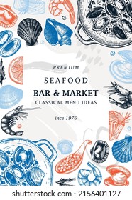 Hand-drawn seafood and fish trendy menu template. Hand sketched cooked sea food illustrations. Collage with shellfish hand-drawing. Mollusks and shrimps card or banner design in sketched style. 