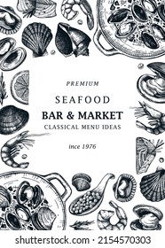 Hand-drawn seafood and fish vector menu template. Hand-sketched cooked seafood illustrations. Vintage shellfish hand-drawing. Mollusks and shrimps card or banner design in sketched style. 