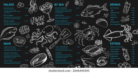 Sabor de frutos do mar desenhado à mão, restaurante e menu de café à beira-mar. Vários frutos do mar, camarões, salmão, truta, ostras, mexilhões, calamari, caranguejo, limão. Vetor de menu de restaurante.