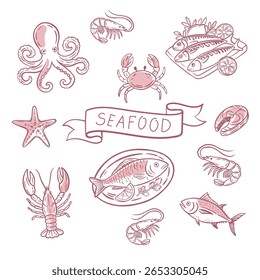 Conjunto de ilustração de frutos do mar desenhado à mão com peixes, camarão, polvo, caranguejo, lagosta e estrelas-do-mar. Perfeito para design de menu, marca, embalagem ou projeto com tema de alimentos