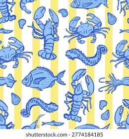 Hand-drawn seafood illustrations featuring crabs, lobsters, and fish on a striped yellow and white background. Ideal for nautical-themed designs or decor.