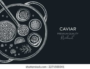 Hand-drawn seafood platter on chalkboard. Canned caviar, red caviar canape, lemons - hand-drawn food sketches for restaurant menus or finger food parties. Sea delicacy vector background design