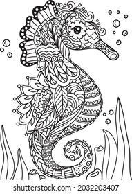 Hand-drawn Seahorse doodle with flower decorative elements design. Coloring page for adults and kids. Vector Illustration