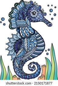 Hand-drawn Seahorse doodle with flower decorative elements design. Coloring page for adults and kids. Vector Illustration