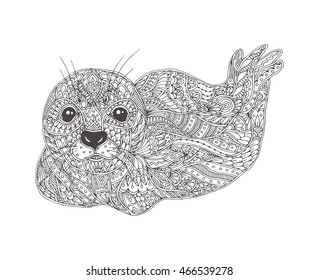 Hand-drawn seal with ethnic floral doodle pattern. Coloring page - zendala, design for spiritual relaxation for adults, vector illustration, isolated on a white background. Zen doodles.