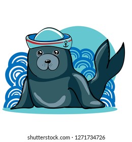 hand-drawn seal sailor on the waves