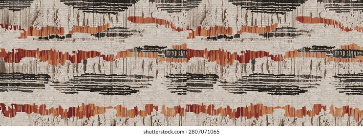 Hand-drawn seamless abstract ikat pattern with ethnic distressed woven textile effect.Abstract tribal geometric pattern, seamless hand-drawn rustic background with terracotta and black stripes.