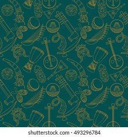 Hand-drawn seamless africa music pattern. Vector illustration can be used for wallpaper, website background, wrapping paper. Sketch elements of musical instruments: drum, shakers, horn, kora, djembe