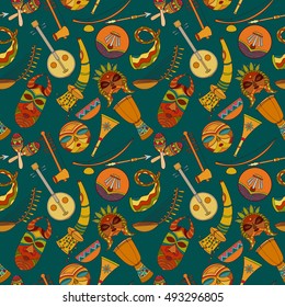 Hand-drawn seamless africa music pattern. Vector illustration can be used for wallpaper, website background, wrapping paper. Sketch elements of musical instruments: drum, shakers, horn, kora, djembe