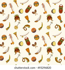 Hand-drawn seamless africa music pattern. Vector illustration can be used for wallpaper, website background, wrapping paper. Sketch elements of musical instruments: drum, shakers, horn, kora, djembe