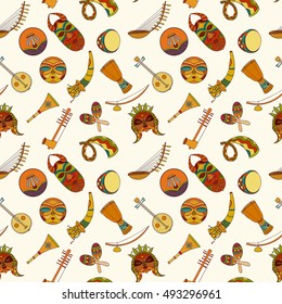 Hand-drawn seamless africa music pattern. Vector illustration can be used for wallpaper, website background, wrapping paper. Sketch elements of musical instruments: drum, shakers, horn, kora, djembe
