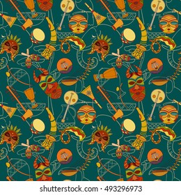 Hand-drawn seamless africa music pattern. Vector illustration can be used for wallpaper, website background, wrapping paper. Sketch elements of musical instruments: drum, shakers, horn, kora, djembe