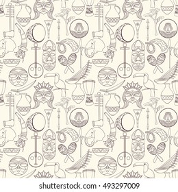 Hand-drawn seamless africa music pattern. Vector illustration can be used for wallpaper, website background, wrapping paper. Sketch elements of musical instruments: drum, shakers, horn, kora, djembe