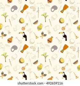 Hand-drawn seamless african pattern. Vector illustration can be used for wallpaper, website background, wrapping paper. Sketch elements of elephant, Toucans, drum, sharers, horn, vase, plate, spear,