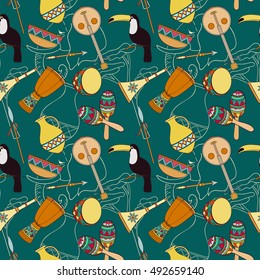 Hand-drawn seamless african pattern. Vector illustration can be used for wallpaper, website background, wrapping paper. Sketch elements of elephant, Toucans, drum, sharers, horn, vase, plate, spear,