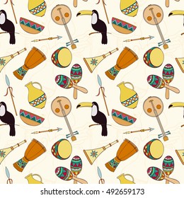 Hand-drawn seamless african pattern. Vector illustration can be used for wallpaper, website background, wrapping paper. Sketch elements of elephant, Toucans, drum, sharers, horn, vase, plate, spear,