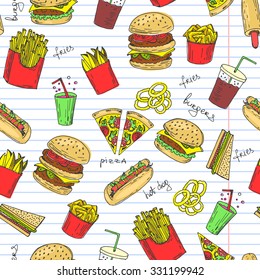 Hand-drawn seamless american fast food pattern. Vector illustration.