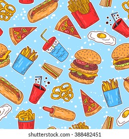 Hand-drawn seamless american fast food pattern. Vector illustration.