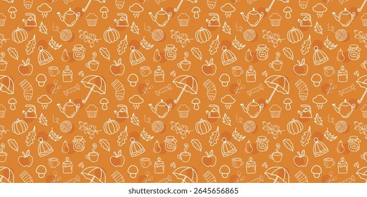 Padrão de vetor de outono sem costura desenhado à mão com elementos sazonais acolhedores no fundo laranja. Inclui guarda-chuva, bule de chá, jarra de geleia, abóbora, maçã, folhas, copo, meias e cogumelos
