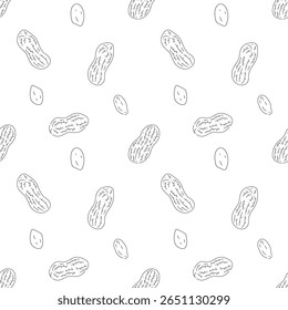 Hand-drawn seamless background featuring peanuts and seeds in black line art for food packaging, restaurant designs and healthy eating projects. Clean, minimalist style.
