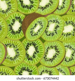 Hand-drawn seamless background with kiwi fruit, single, peeled and sliced, realistic drawing. Vector illustration